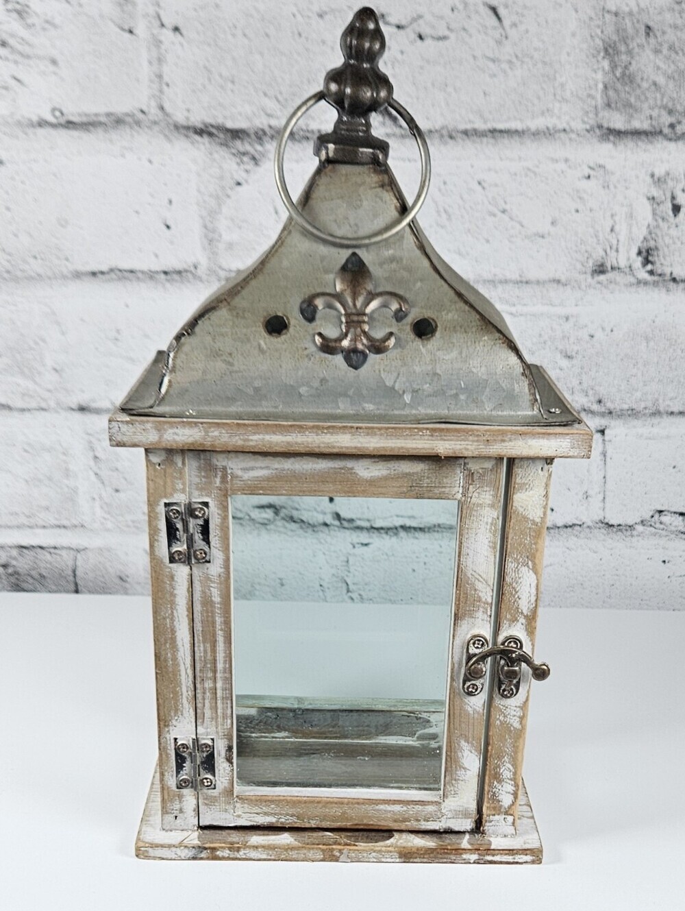 Rustic Wood Glass Candle Lantern Fleur de Lis Farmhouse Table Decor